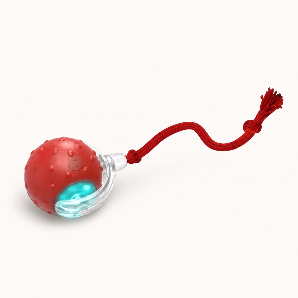 Balle roulante interactive rouge pour chat avec cordon