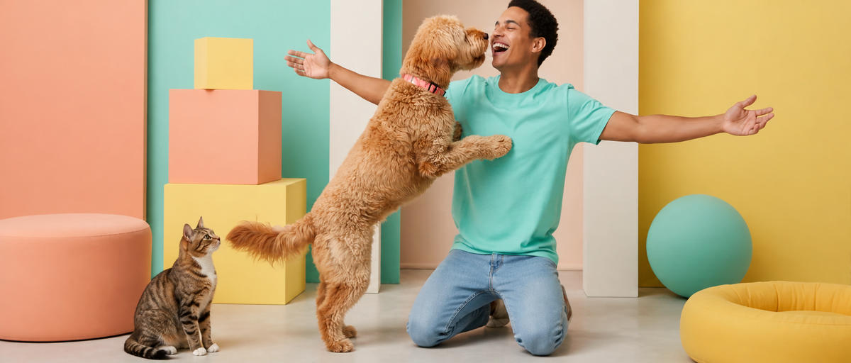Homme avec un chien et un chat dans un décor coloré